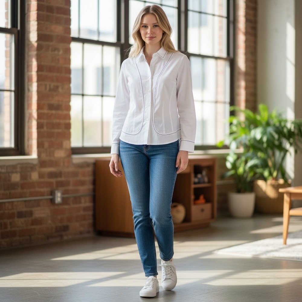 Talbots Petites White Cotton Contrast Stitch Button Down Shirt cowgirl top